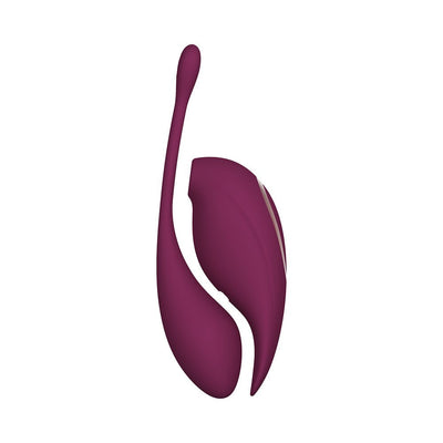 Purple rechargeable dual motor vibrator with remote control, featuring a flapping stimulator and insertable egg design.