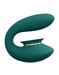 Teal silicone rechargeable vibrator and suction stimulator with ergonomic curved design and rose gold accent ring.