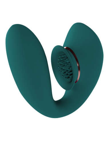 Teal silicone rechargeable vibrator with suction and textured stimulation head, designed for targeted external and internal pleasure.