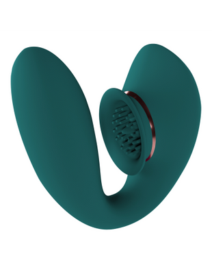 Teal silicone rechargeable vibrator with suction and textured stimulation head, designed for targeted external and internal pleasure.