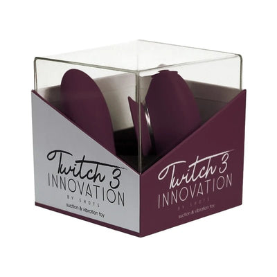 Twitch 3 Innovation silicone suction and vibration toy in purple, displayed in clear and purple retail packaging.