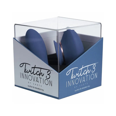 Blue Twitch 3 Innovation silicone suction and vibration toy in clear display box with branded packaging.