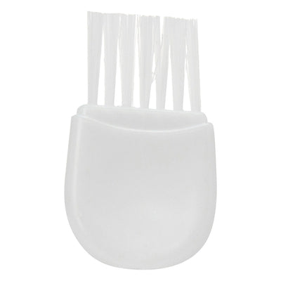 White cleaning brush attachment for personal shaver with soft bristles and curved plastic handle.