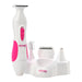 Ultimate Personal Shaver Kit for women with white and pink shaver and multiple interchangeable trimming heads on a white base.