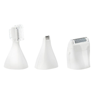 Three white interchangeable shaving attachments for a personal shaver kit displayed on a white background.