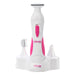 White and pink Ultimate Personal Shaver with interchangeable attachments on a white charging and storage base.