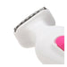 Close-up of white and pink personal shaver head with fine metal trimming blades for smooth hair removal.