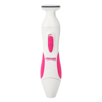 White and pink handheld personal shaver designed for women with a precision trimming head and ergonomic grip.