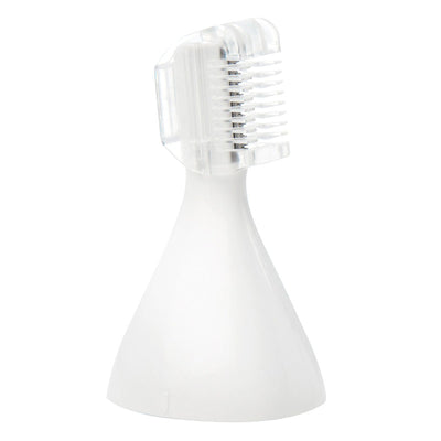 White interchangeable comb attachment for personal shaver with clear plastic guard teeth.