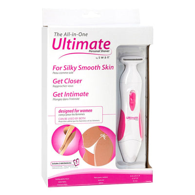 Ultimate Personal Shaver Kit for women with white and pink shaver in packaging for smooth skin and intimate grooming.