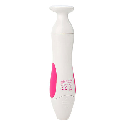 Compact white and pink personal shaver for women with ergonomic design and battery compartment visible on the back.