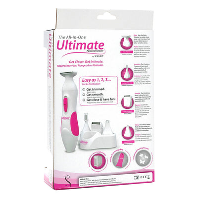 Packaging of Ultimate Personal Shaver Kit 2 Ladies showing the shaver, attachments, and features in white and pink design.