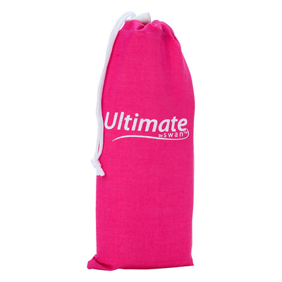 Bright pink drawstring pouch with white "Ultimate by Swan" logo for personal shaver kit storage.