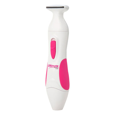 White and pink handheld personal shaver for women with ergonomic design and on/off switch.