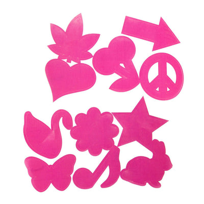 Set of pink shaving stencils in various shapes including heart, star, butterfly, flower, and peace sign for personal grooming.