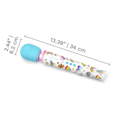 Le Wand Unicorn Wand with colorful unicorn and rainbow design, blue silicone head, measuring 13.39 inches long.