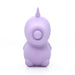Lilac silicone mini unicorn-shaped vibrator with a circular mouthpiece and closed eyes design, standing upright on white background.