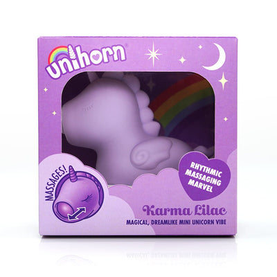 Unihorn Karma Lilac mini unicorn-shaped vibrator in purple packaging with rainbow and star design, labeled rhythmic massaging marvel.
