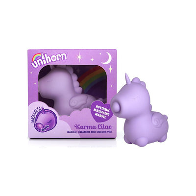 Lilac mini unicorn-shaped vibrator with rhythmic massaging feature displayed next to matching purple packaging.