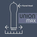 Diagram of Union Max condom highlighting 60mm width and flared head design for extra room and comfort.