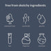 Icons representing absence of unpleasant odor, spermicide, glycerin, BPA, fragrance, and chemicals in product ingredients.