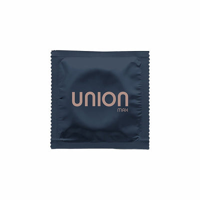 Single Union Max latex condom in dark blue foil packaging with light brown logo text