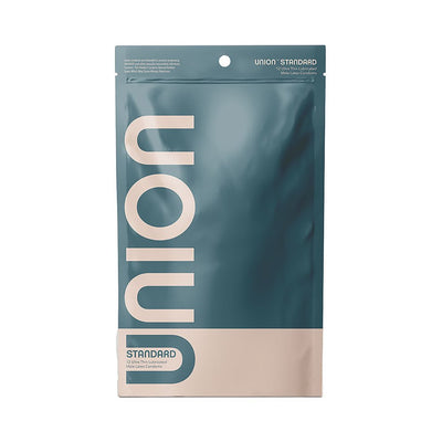 Union Standard 12-pack of ultra-thin, lightly lubricated male latex condoms in teal and beige resealable pouch.