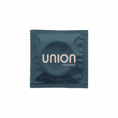 Union Standard Latex Condom in dark blue foil wrapper with minimalist branding.