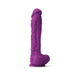 Purple 10-inch realistic silicone dildo with textured surface and suction base for hands-free use.