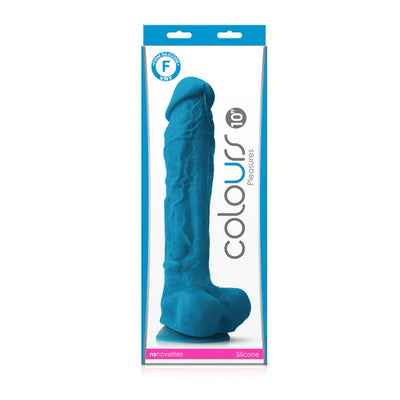 Blue 10-inch silicone dildo with realistic texture and suction base in retail packaging.