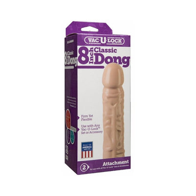 Vac-U-Lock 8 inch Classic Dong attachment in beige with veined texture shown in purple and white packaging.