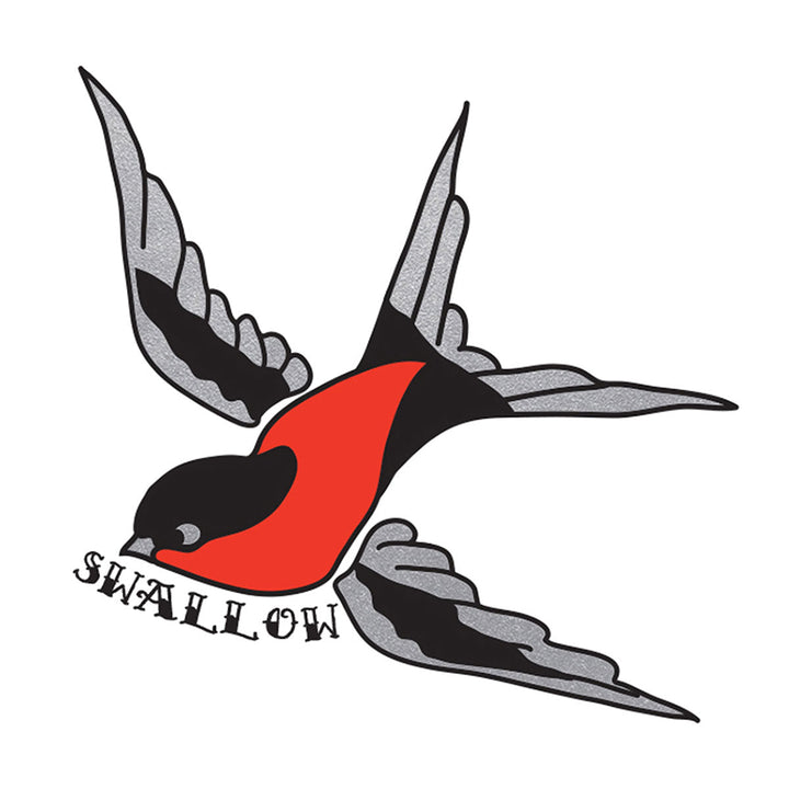 Temporary tattoo design of a swallow bird with red, black, and gray wings and body, featuring the word swallow beneath.