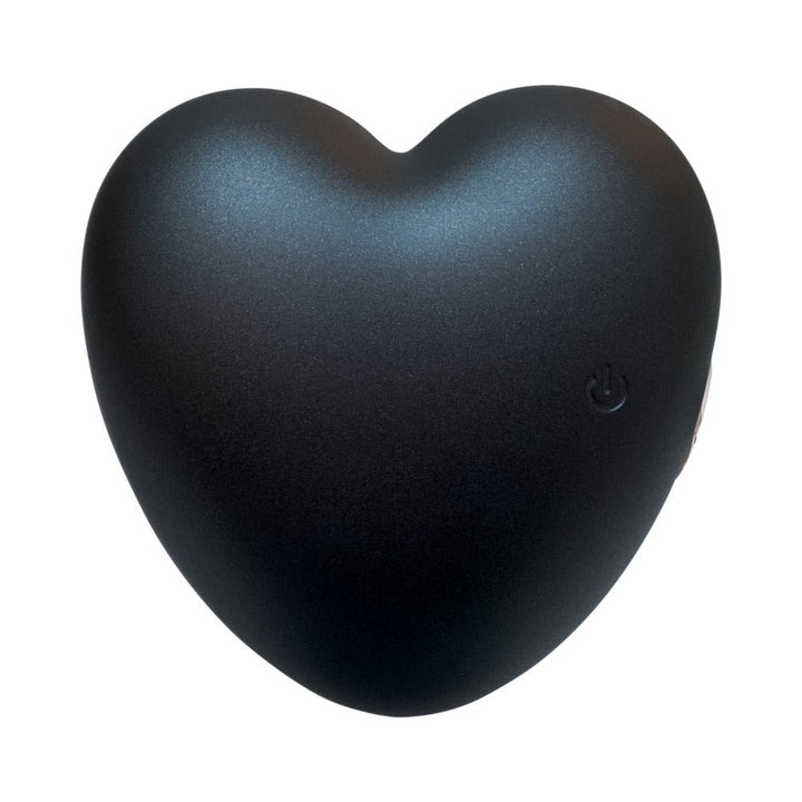 Sleek black heart-shaped personal massager with a smooth matte finish and discreet power button.