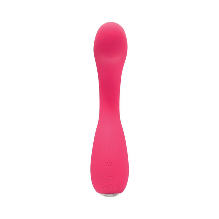 Pink rechargeable Vedo Desire G-spot vibrator with curved shaft and control buttons on handle.
