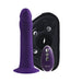 Deep purple rechargeable silicone dildo with suction base, adjustable black harness, and matching remote control.