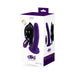 Packaging box of Vedo Diki rechargeable vibrating dildo in deep purple with harness and remote control shown on front and side.