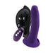 Deep purple rechargeable silicone dildo with adjustable black harness and matching remote control.