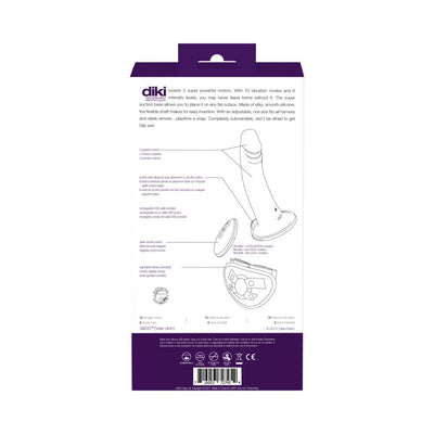 Back packaging of Vedo Diki rechargeable vibrating dildo with harness in deep purple, showing product features and specifications.
