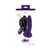 Packaging of Vedo Diki rechargeable deep purple vibrating dildo with harness and remote control shown on white background.