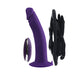 Deep purple rechargeable silicone dildo with suction base, black adjustable harness, and matching remote control.
