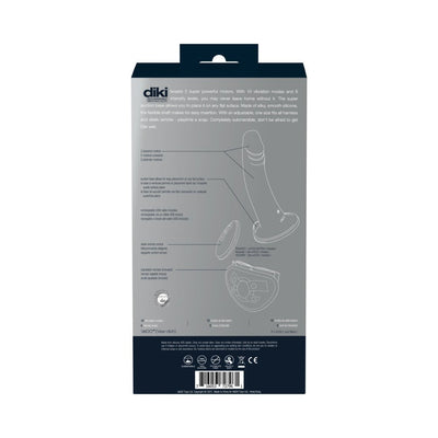 Back view of Vedo Diki rechargeable vibrating dildo packaging showing product features and illustrations in black and gray design.