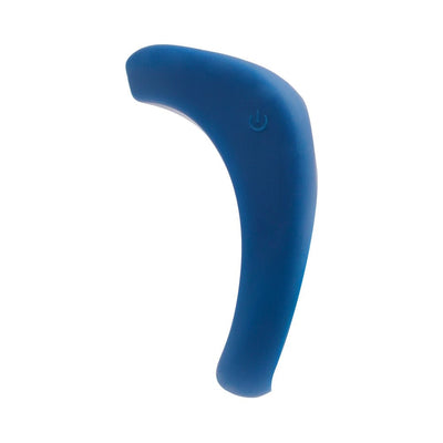 Blue silicone vibrating ring with curved design and power button, shown on white background.