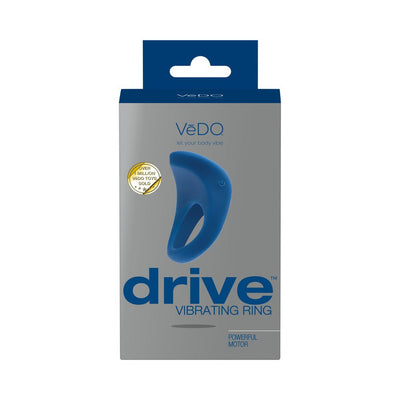 Packaging of Vedo Drive Vibrating Ring in blue silicone with one-button control and powerful motor label.
