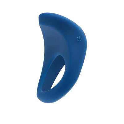 Blue silicone vibrating ring with ergonomic shape and one-button control, designed for comfortable fit and waterproof use.