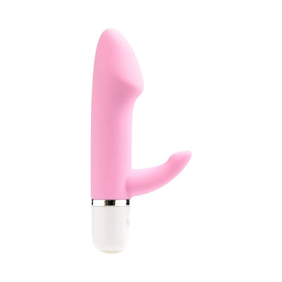 Compact pink silicone mini vibrator with curved head and flexible clitoral stimulator, white base with silver trim.