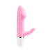 Compact pink silicone mini vibrator with curved head and flexible clitoral stimulator, white base with silver trim.