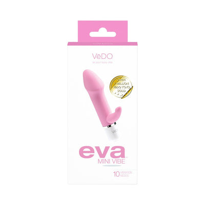Pink VeDO Eva Mini Vibe with curved head and flexible clitoral stimulator in white and pink packaging.