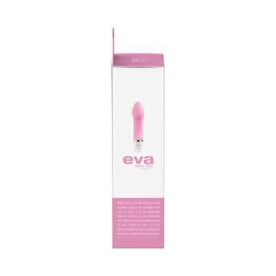 Packaging box of VeDO Eva Mini Vibe in pink with product image and description on white background.