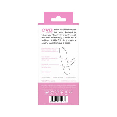 Back packaging of VeDO Eva Mini Vibe in pink and white with product features and diagram illustration.