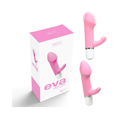 Pink VeDO Eva Mini Vibe with curved G-spot head and flexible clitoral stimulator shown with packaging box.